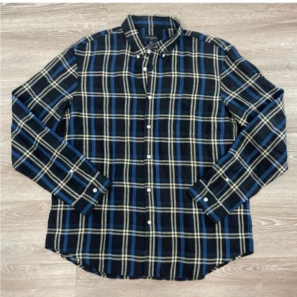 Club Monaco Black Multi Long Sleeve Plaid 100% Linen Button Up Shirt Mens Medium - Picture 5 of 14